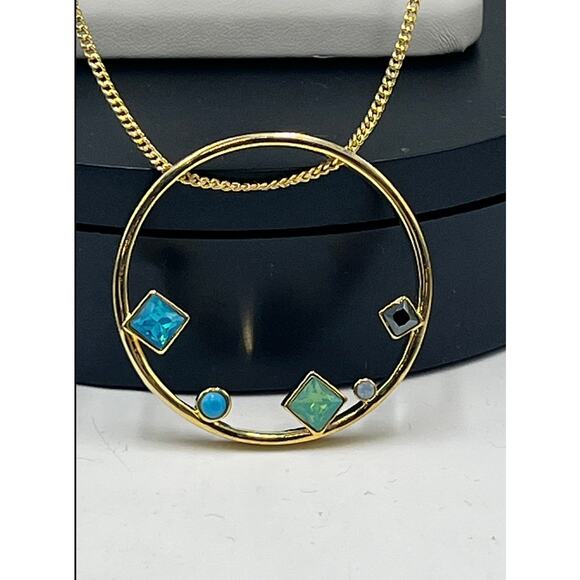 Botkier Designer Gold Tone Geometric Round Pendant Multicolor Stone Necklace New - Picture 3 of 10